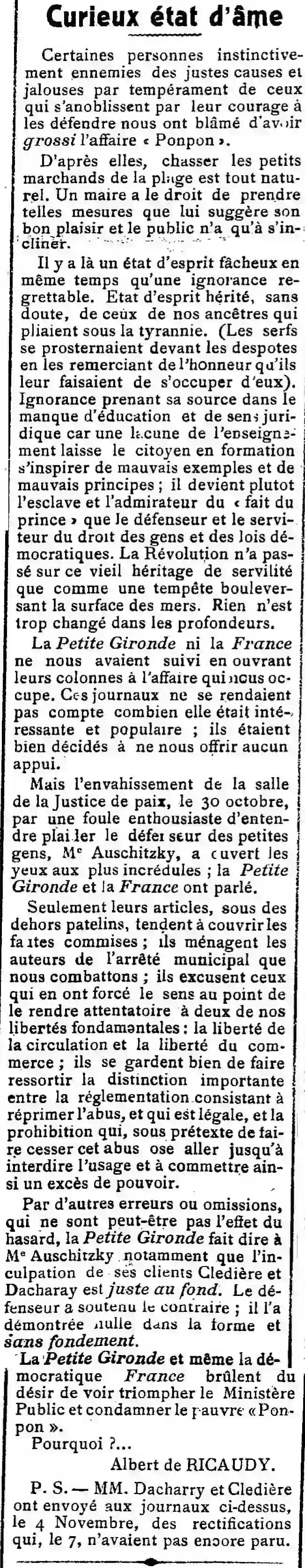   L'Avenir dArcachon 1924 11 09 Curious about the state of mind, it's still the "Ponpon" affair.