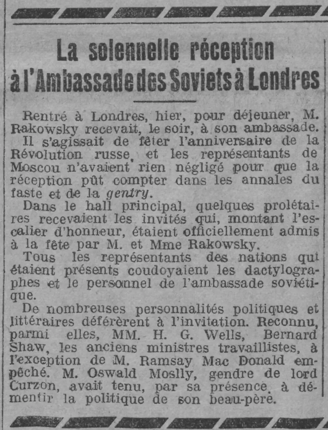  Paris soir 1924 11 09 art 01 reception à l'ambassade russe invités HG Wells et Bernard Shaw