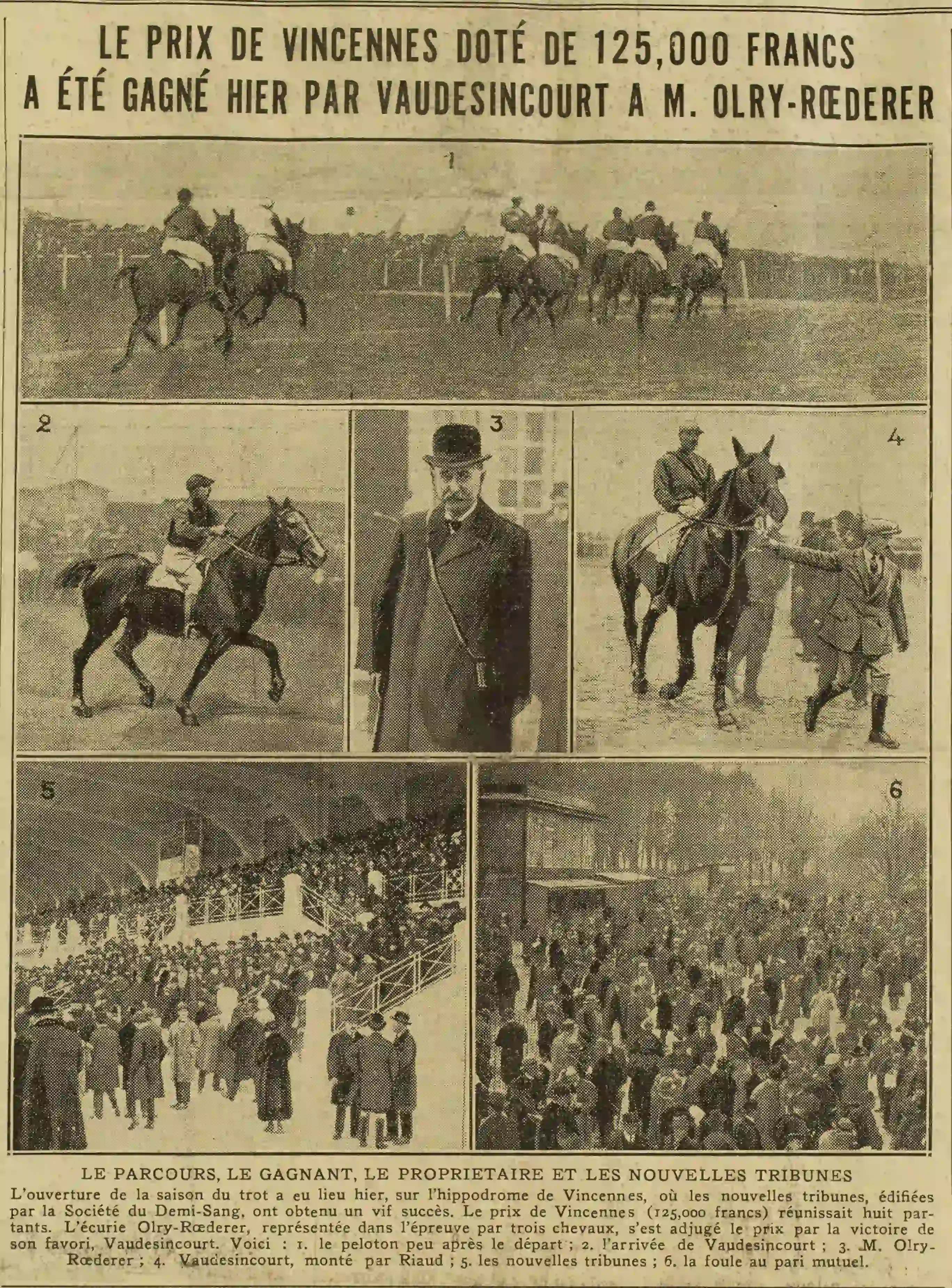   Excelsior 1924 11 16 Le prix de vincennes doté de 125,000 francs a été gagné hier par Vaudesincourt (en photos) à M. Olry-Rœderer