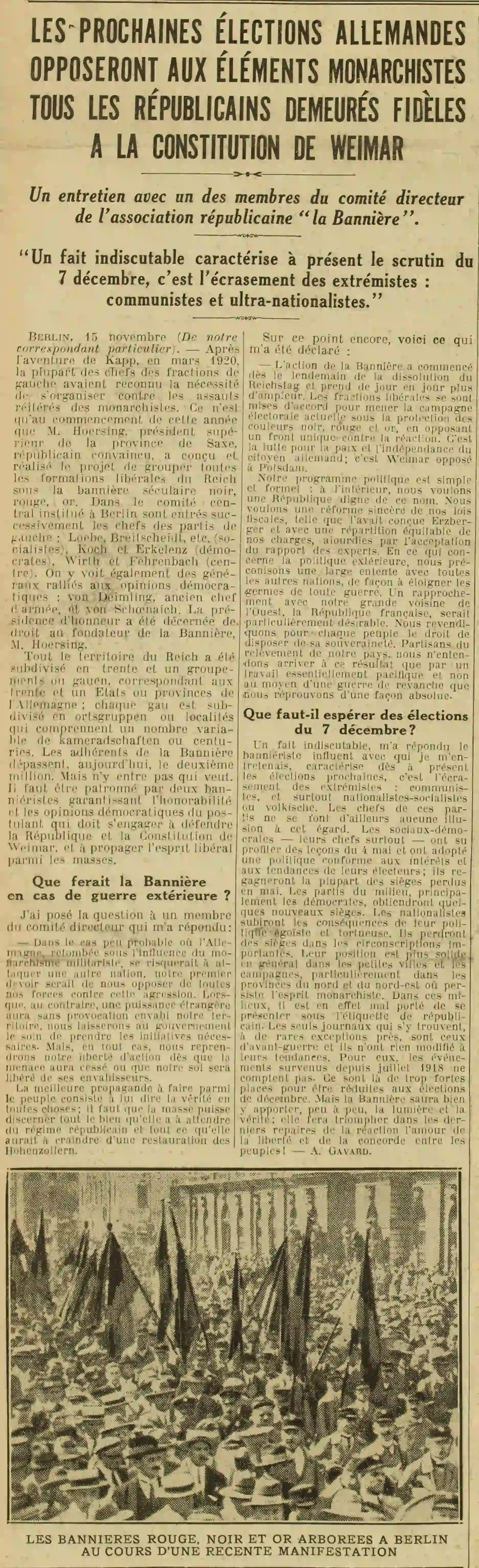   Excelsior 1924 11 16 The Republican Association "La Bannière" The next German elections will pit all republicans who have remained faithful to the constitution against the monarchist elements.