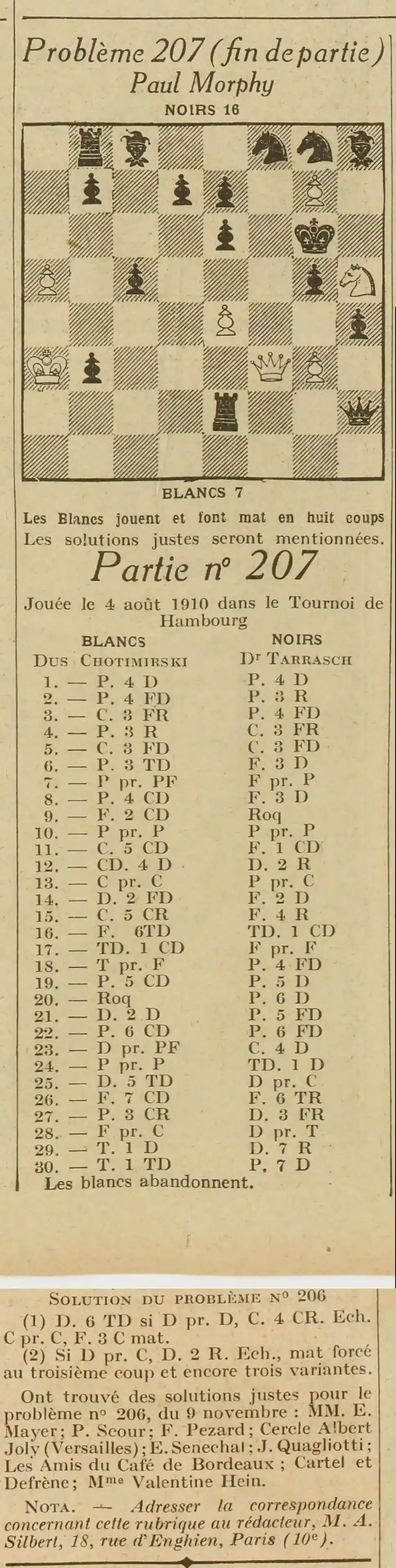   Excelsior 1924 11 16 la partie d'échec et le problème n°207