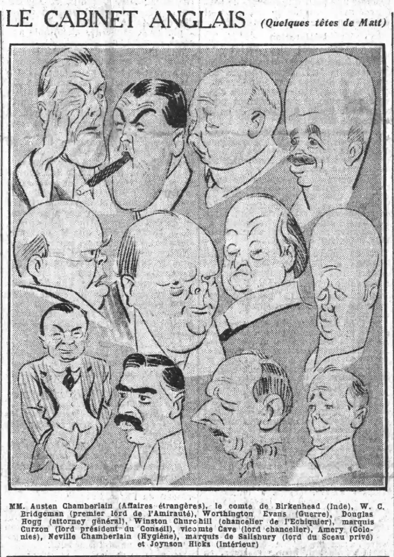   Le Petit Parisien 1924 11 16 Messrs. Austen Chamberlain, Winston Churchill, Marquis of Salisbury among others. Caricatures of some members of the British Cabinet.