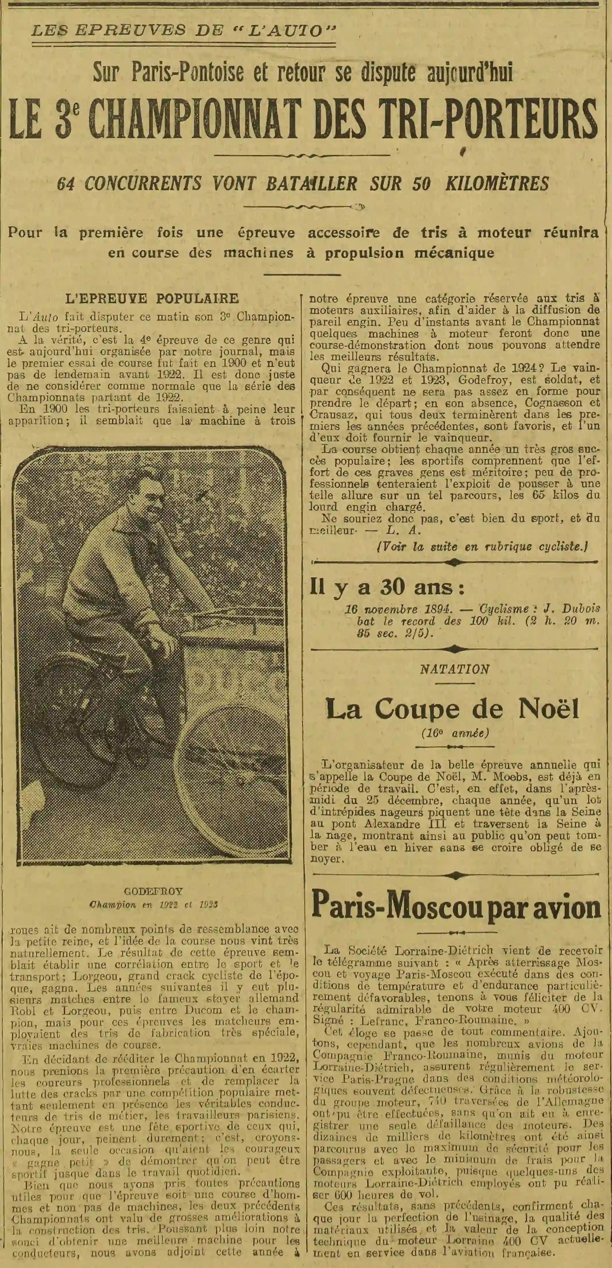   LAuto vélo 1924 11 16 The 3rd tricycle championship. Paris-Pontoise and back, with for the first time,  In the photo, Godefroy, the champion of the two previous years