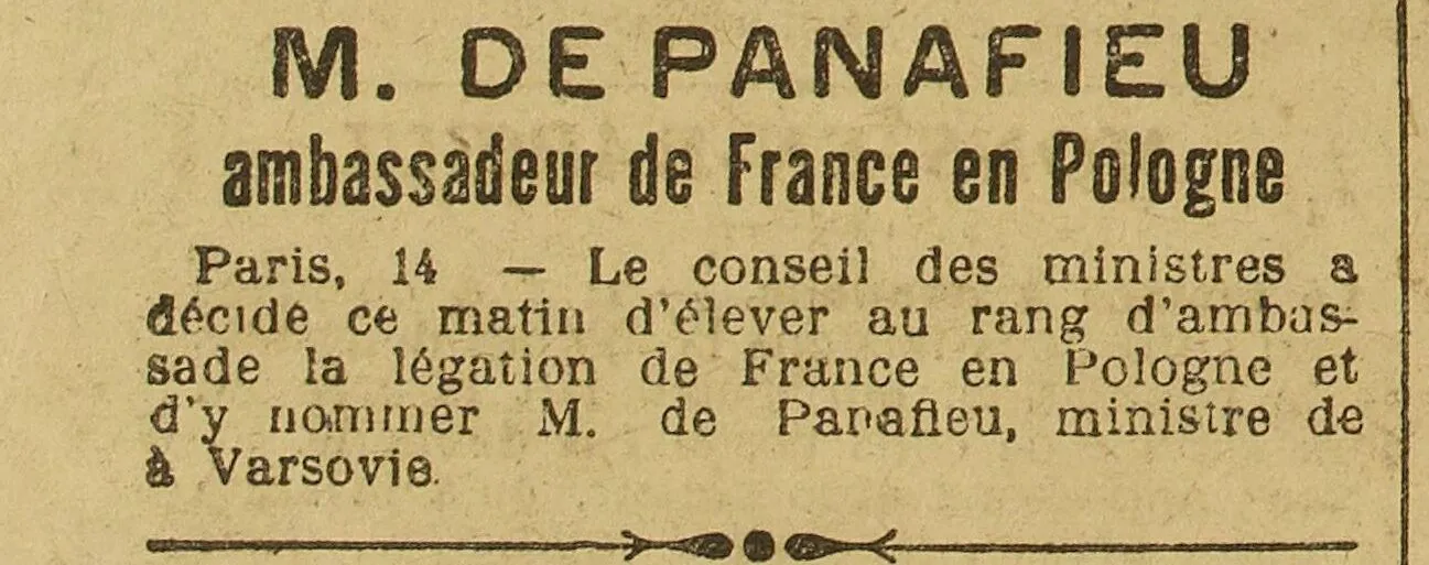  Le Grand écho du Nord 1924 11 16 Monsieur De Panafieu, ambassadeur en Pologne. Une brève pour annoncer sa nomination