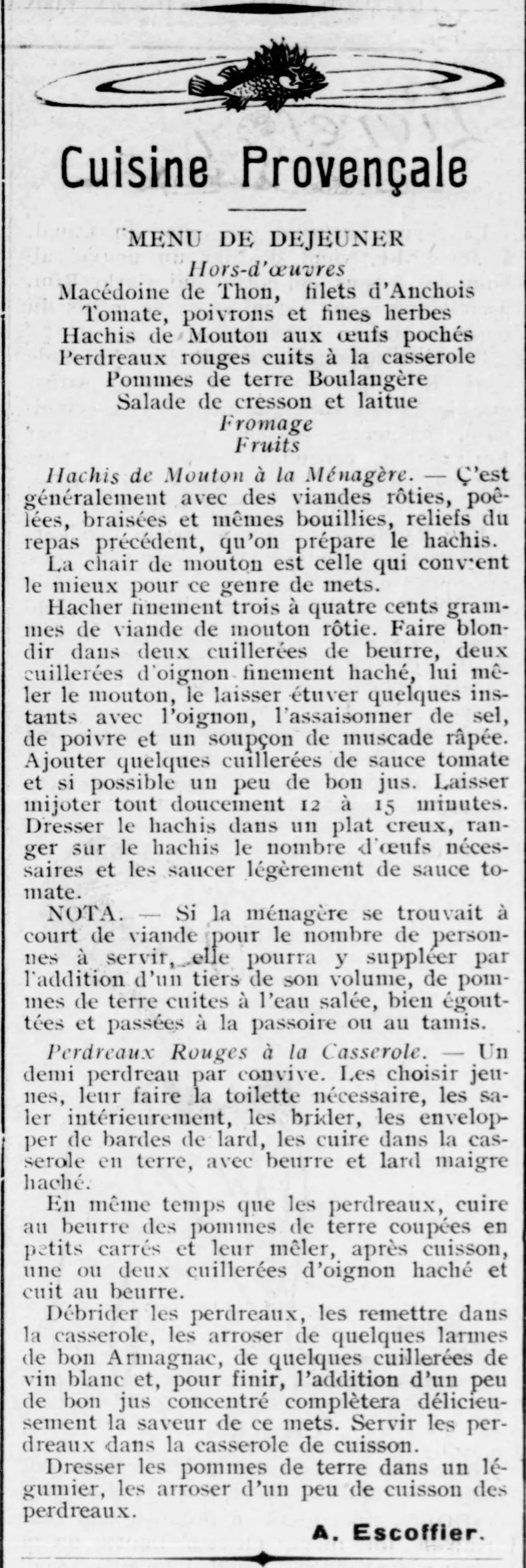 ZZ Le Provençal de Paris 1924 11 16 Cuisine provençale,- un hachis de mouton à la ménagère - perdreaux rouges à la casserole.