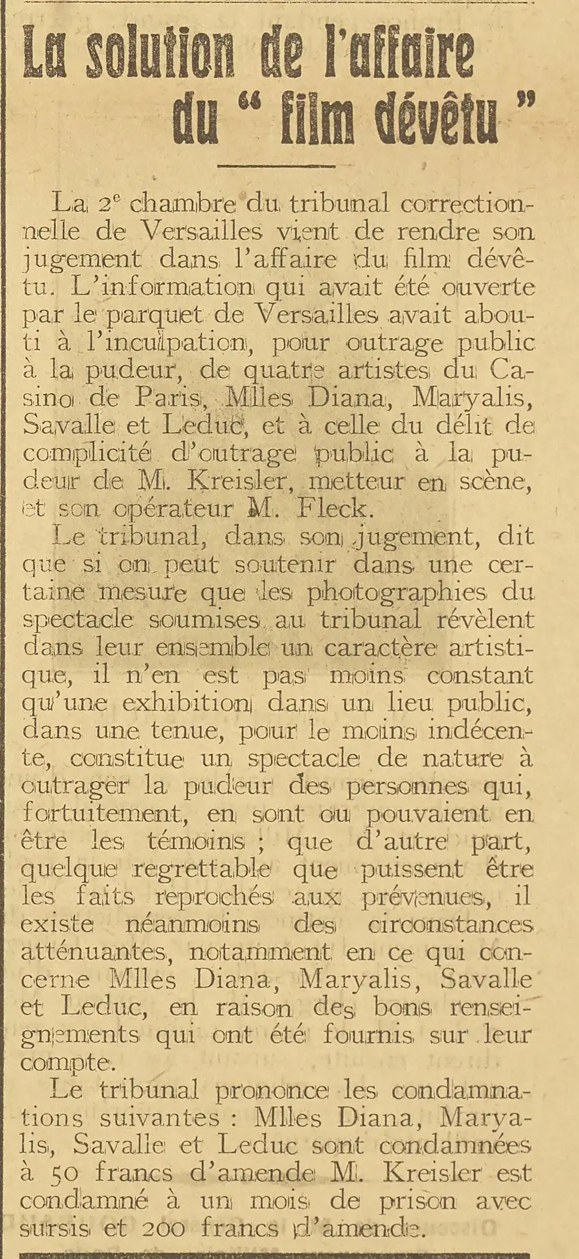   Les Nouvelles de Versailles 1924 11 16 The solution to the "undressed film" case. The judgment of the 2nd chamber of the Versailles Criminal Court