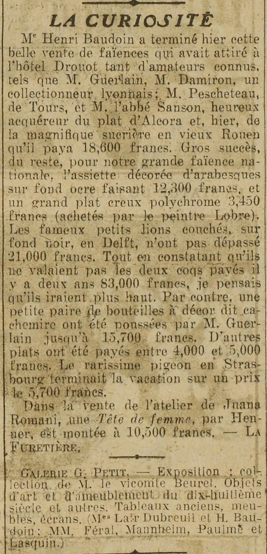 Excelsior 1924 11 23 la curiosité Mr. Guerlain, Mr. Damiron, Mr. Pescheteau hotel Drouot