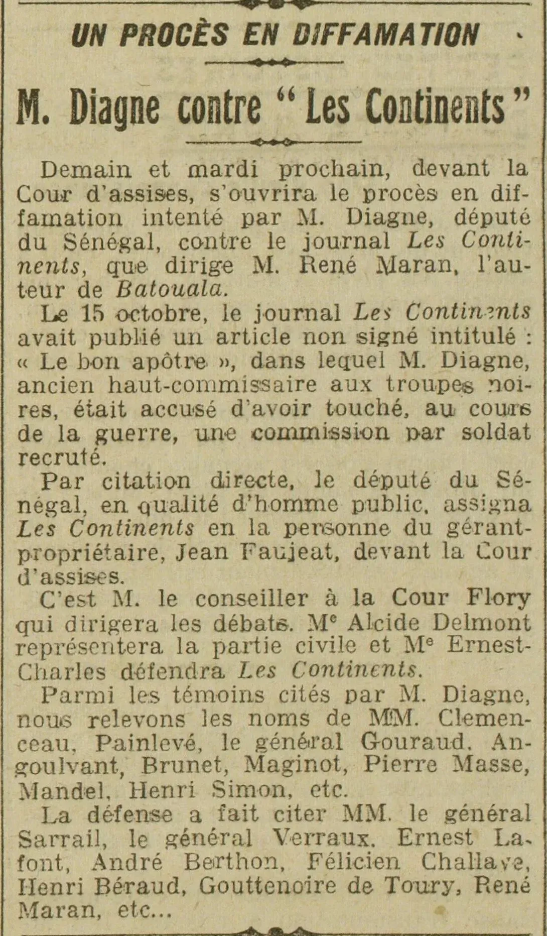  LOeuvre 1924 11 23 M. Diagne, député du Sénégal, contre le journal "Les Continents". Un procès en diffamation dans lequel les témoins cités vont peser lourdement.