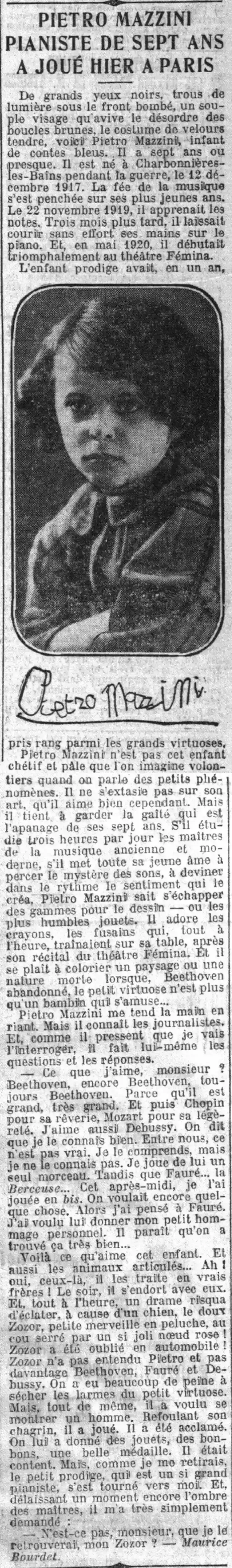   Le Petit Parisien 1924 11 23 Pietro Mazzini, a seven-year-old pianist played yesterday in Paris