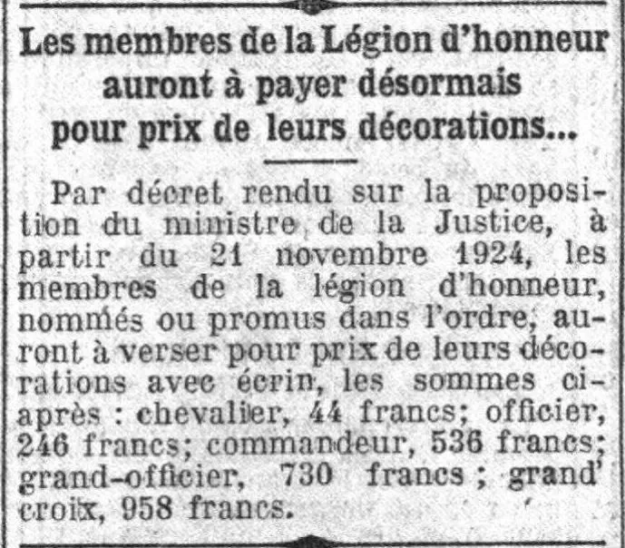 Y Le Petit Parisien 1924 11 23 Les membres de la Légion d'honneur auront à payer désormais pour prix de leurs décorations...
