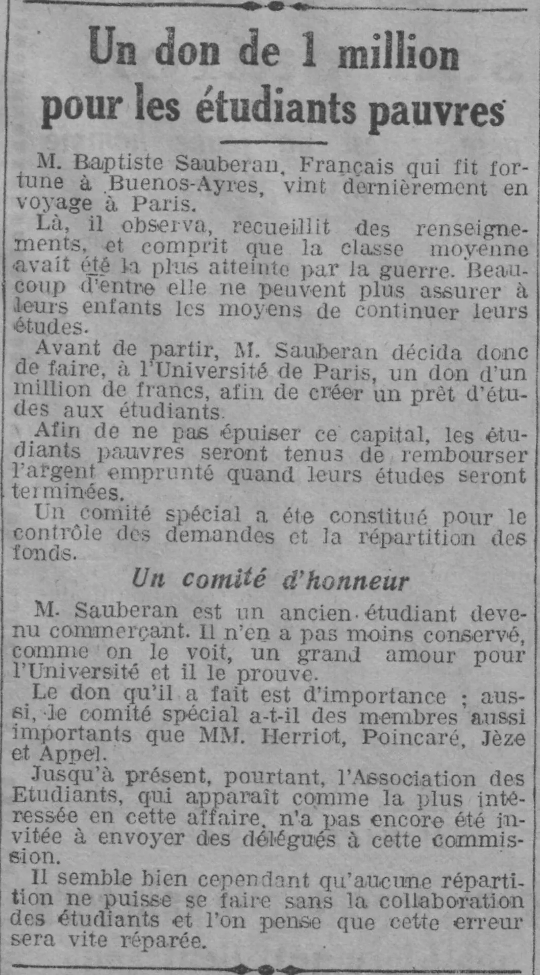  Paris soir 1924 11 23 Mr. Baptiste Sauberan,  donates 1 million for poor students