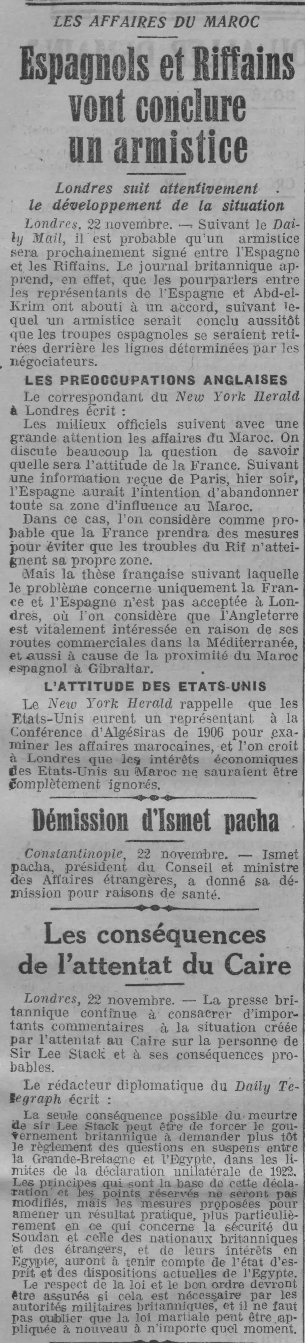  Paris soir 1924 11 23 Espagnols et Riffains vont conclure un armistice. Londres suit attentivement le développement de la situation... 