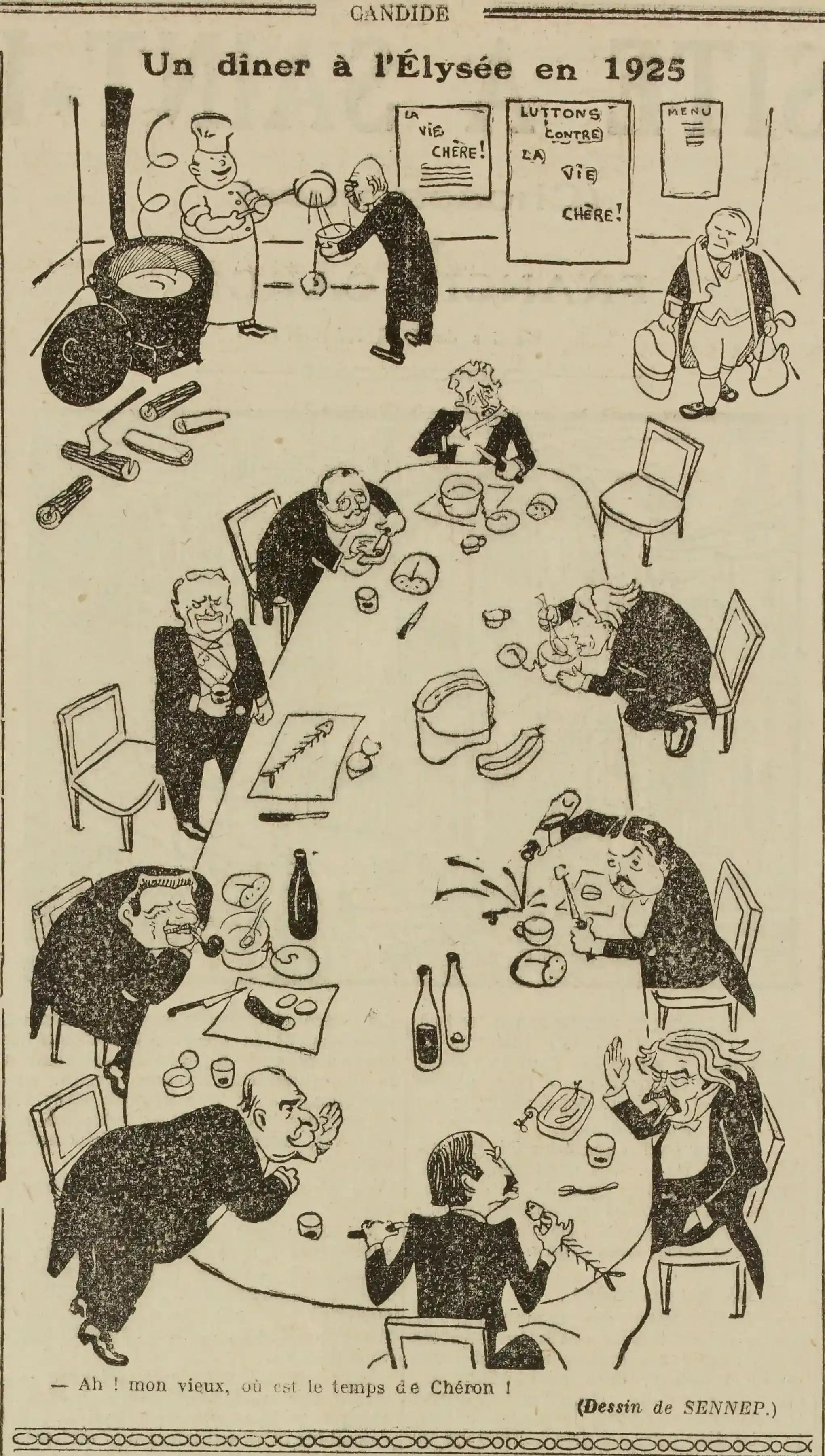 Z Candide 1924 11 23 art a cartoon by Sennep: a dinner at the Elysée in 1925