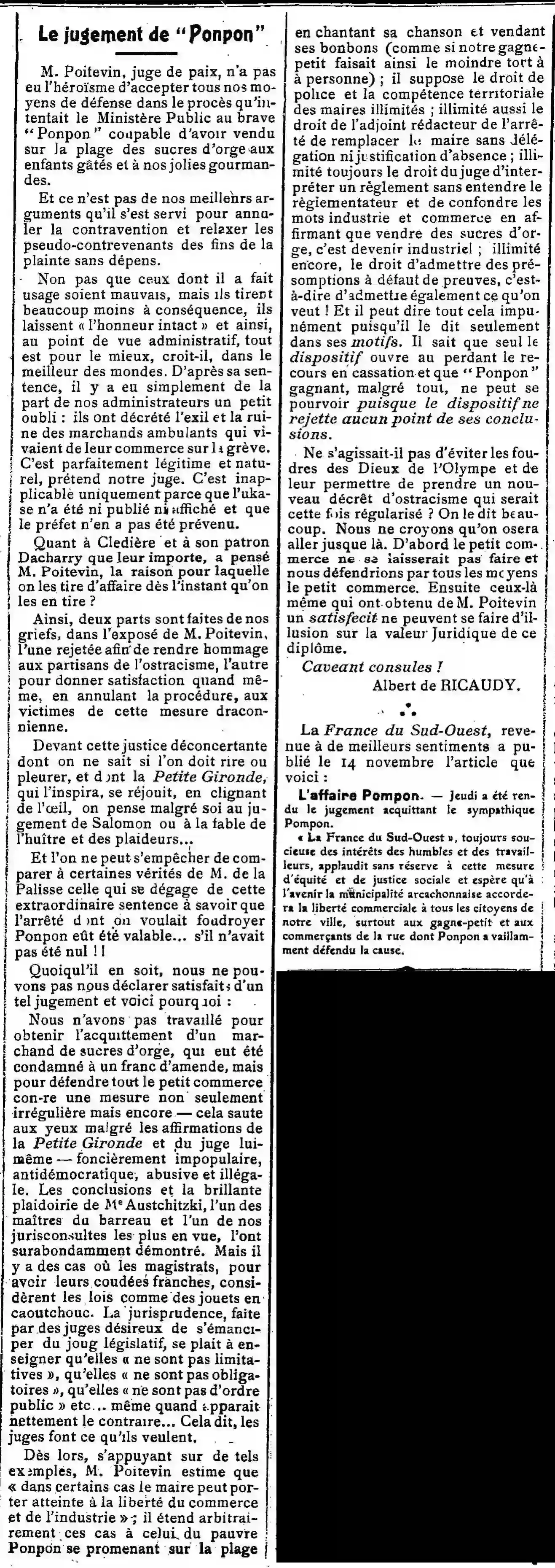  LAvenir dArcachon 1924 11 23 Le jugement de " Ponpon " commenté