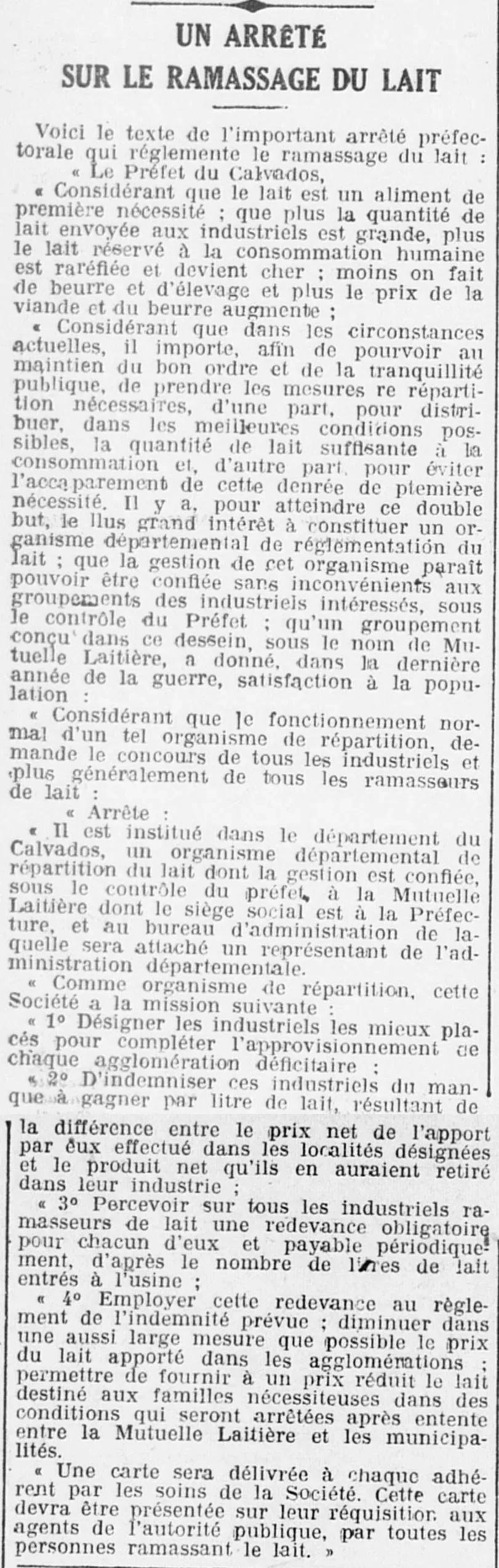 Z LOuest Éclair 1924 11 23 Le ramassage du lait, un arrêté du préfet du Calvados