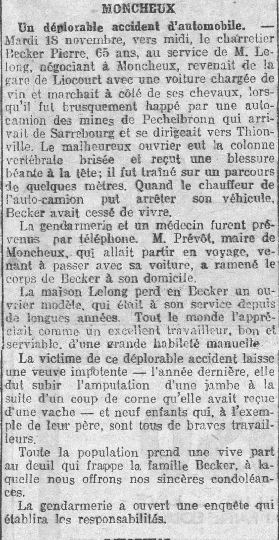  Le Patriote lorrain 1924 11 23 In Moncheux, a deplorable automobile accident