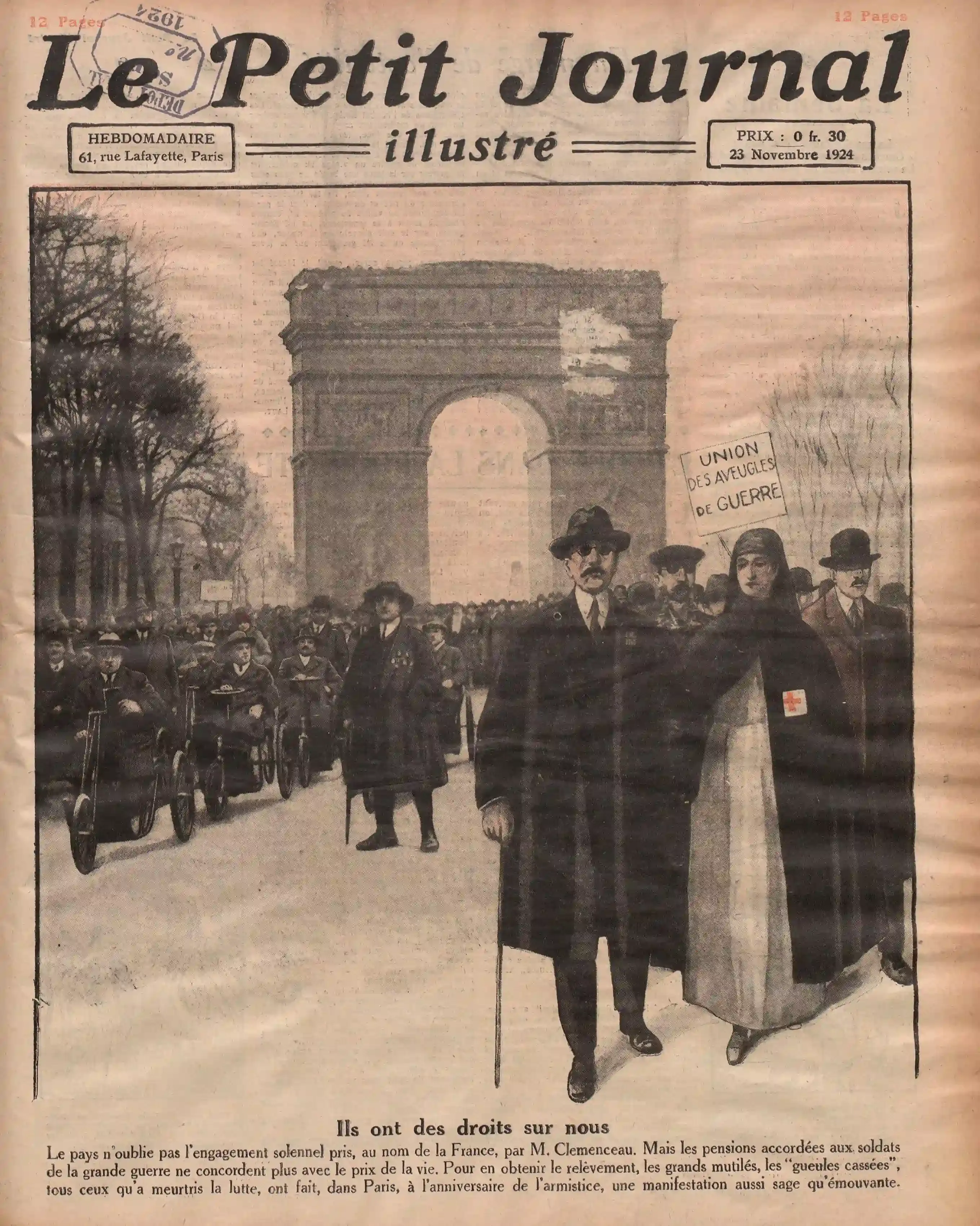  Le Petit journal illustré 1924 11 23 une illustration de pleine page : . Une manifestation contre la vie chère des " gueules cassées " au pied de l'Arc de Triomphe
