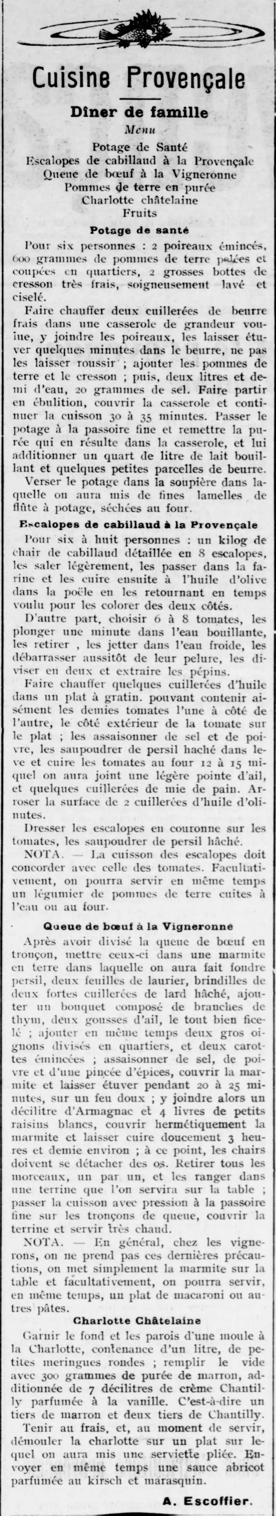   Le Provençal de Paris 1924 11 23 A family dinner or Provençal cuisine according to Auguste Escoffier