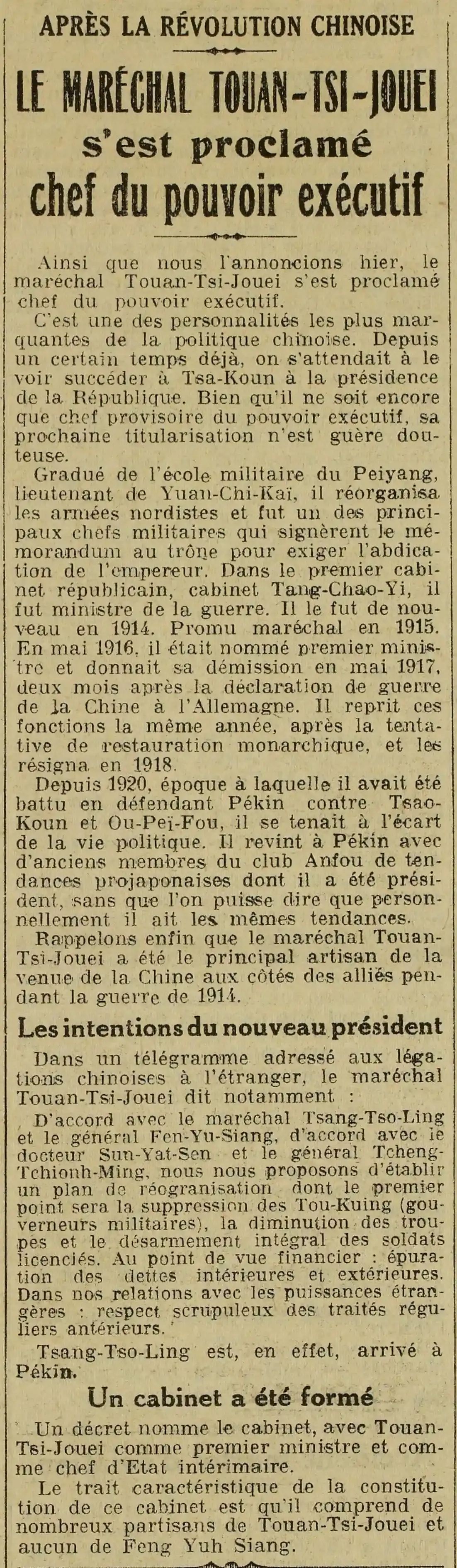 In China, Marshal Touan-Tsi-Jouei proclaimed himself head of the executive branch.