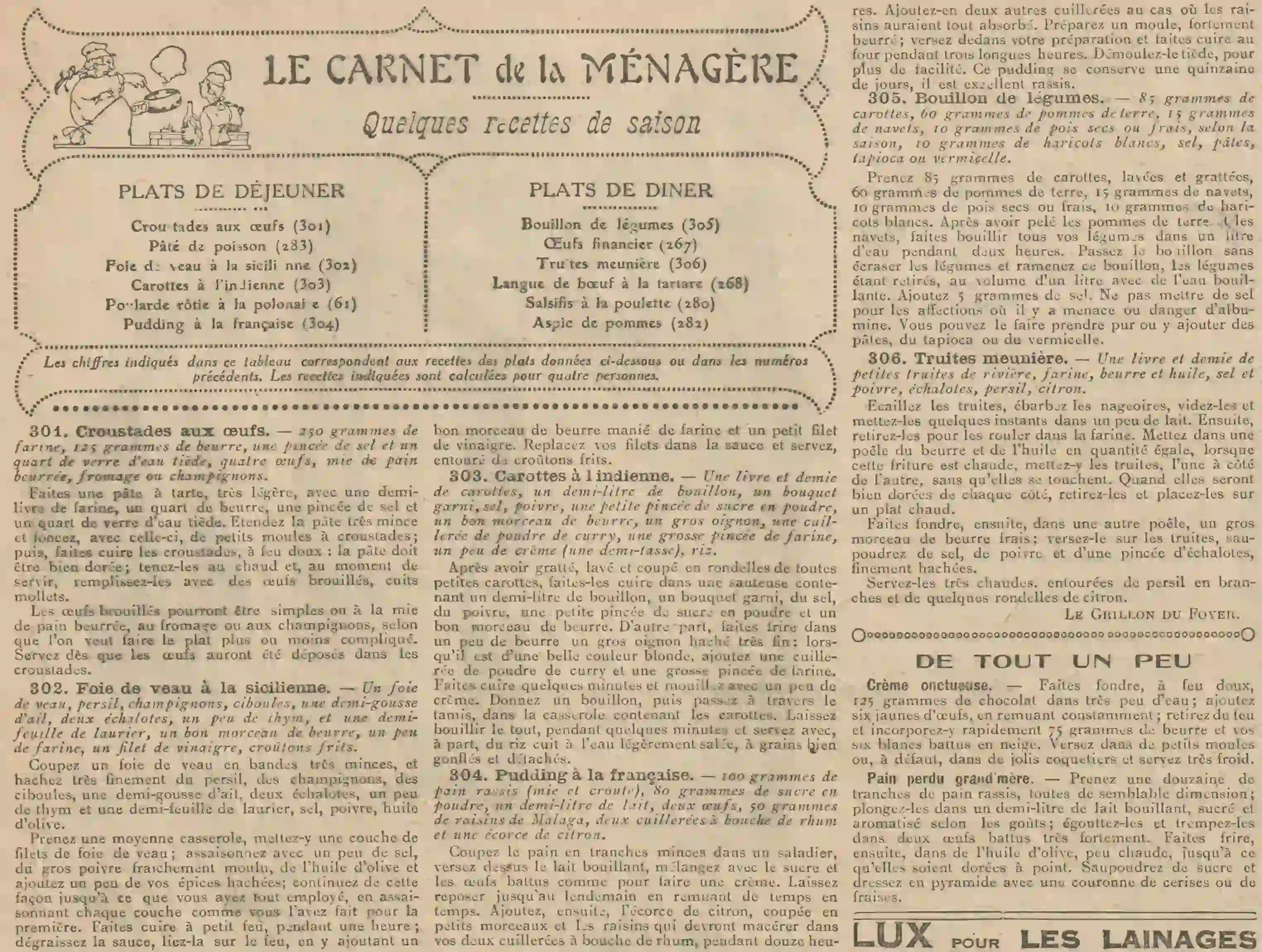 The traditional weekly housewife's notebook with some seasonal recipes and a suggestion of lunch and dinner dishes for the week