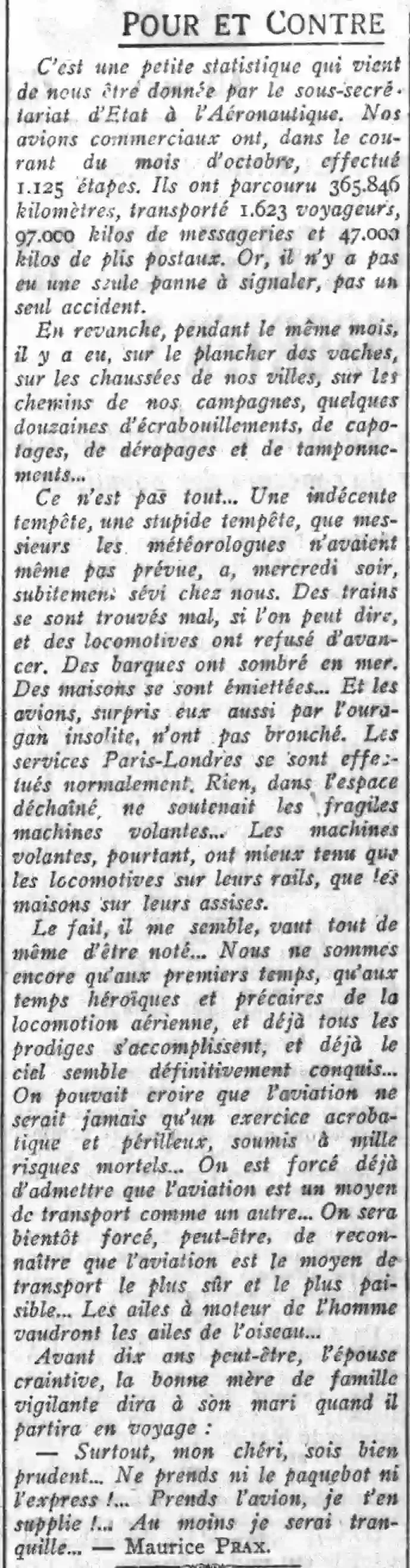 Humor :  Don't take the ocean liner or the express!... Take the plane, I beg you!... At least I'll be at peace... The column by Maurice Prax