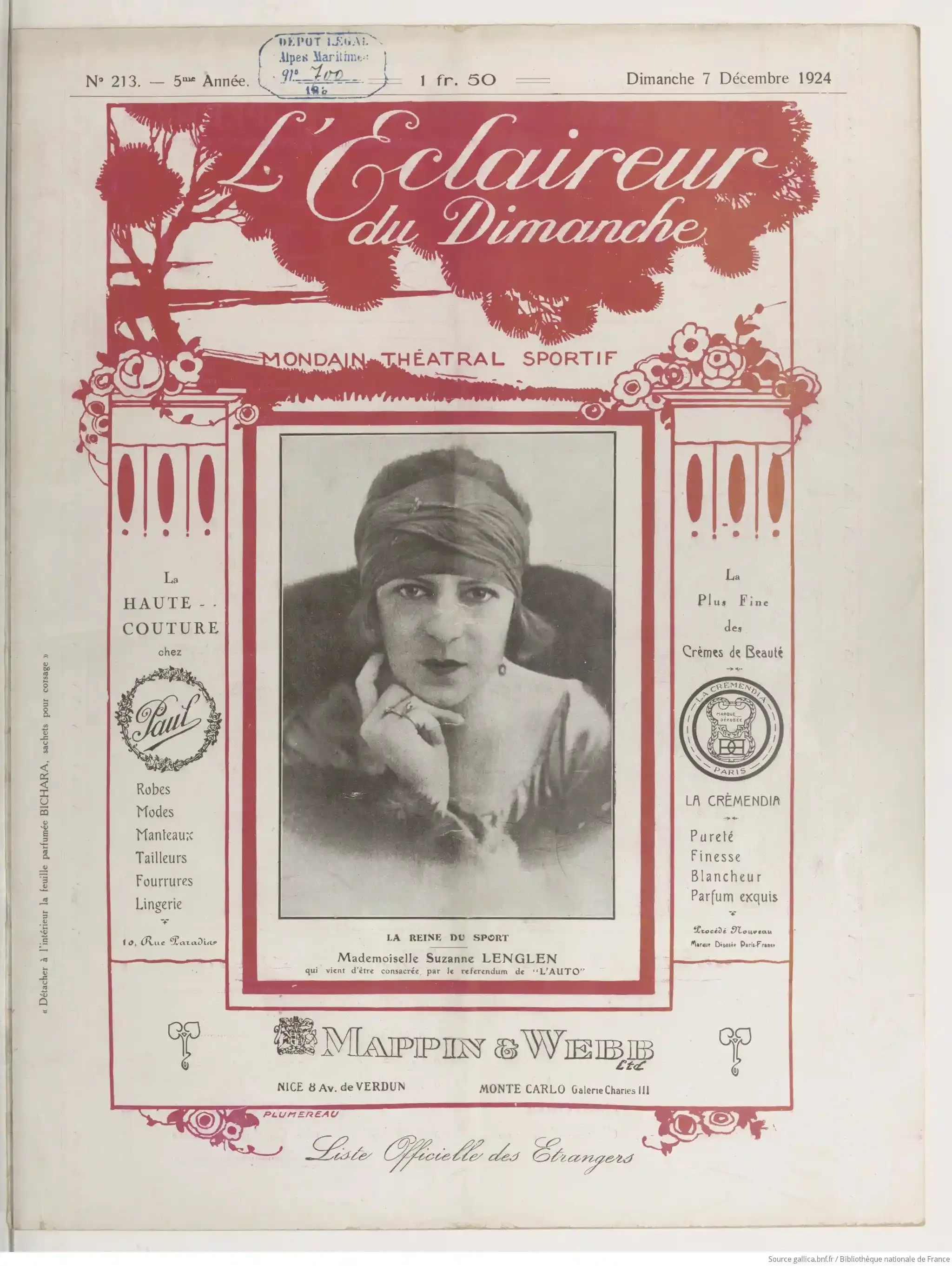  Le portrait de Mademoiselle Suzanne Lenglen. La photo de la Reine du Sport