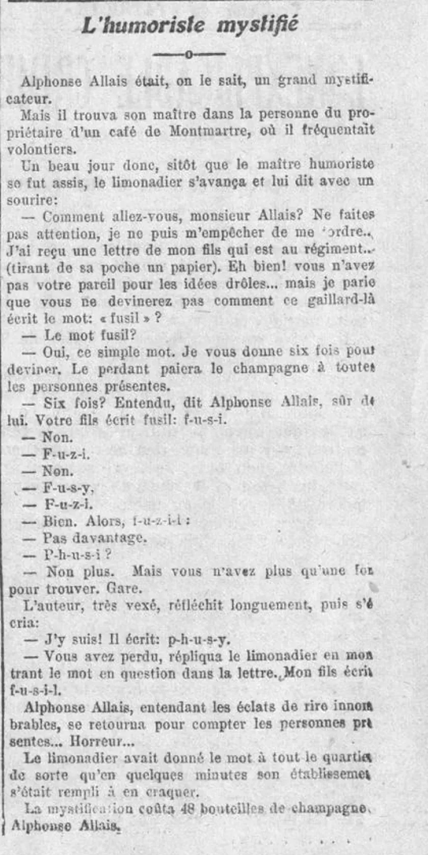 Une anecdote de la vie d'Alphonse Allais mystifié dans un café de Montmartre