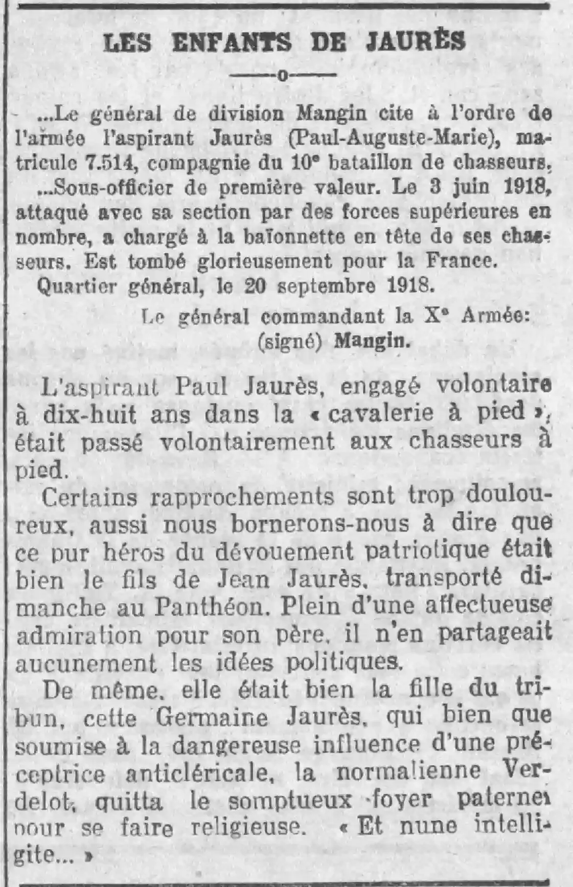 Jaurès' children, news from Paul and Germaine