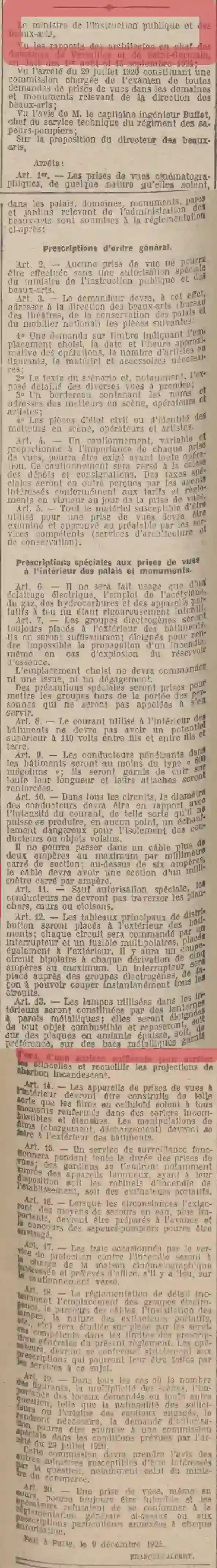 Journal Officiel réglementation des prises de vues cinématographiques