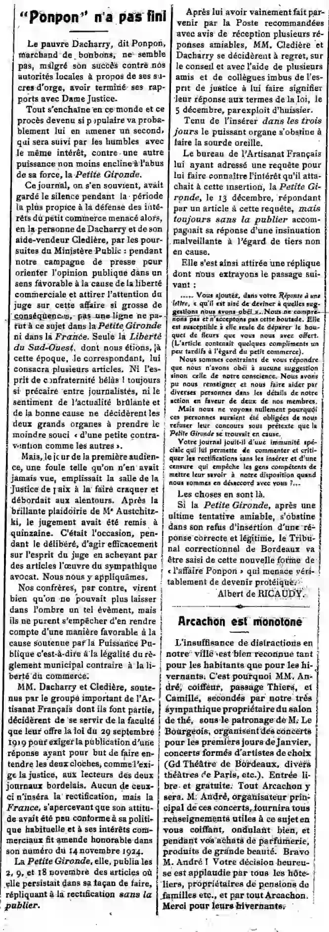  LAvenir dArcachon 1924 12 21 Les déboires de "Ponpon" ne sont pas finis