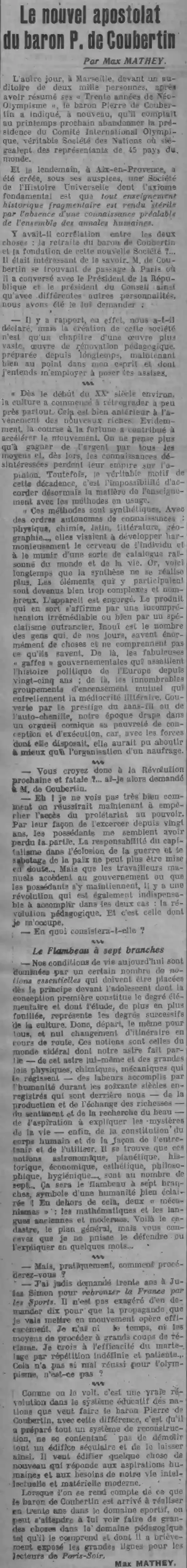   Paris Soir An interview with Baron Pierre de Coubertin