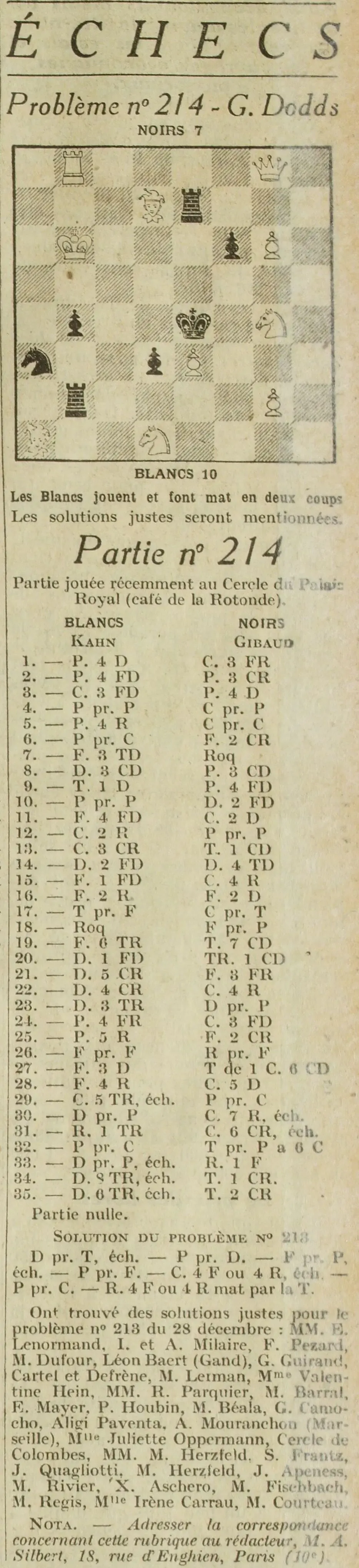 Le problème et la partie d'échecs numéro 214 opposant Khan et Gibaud