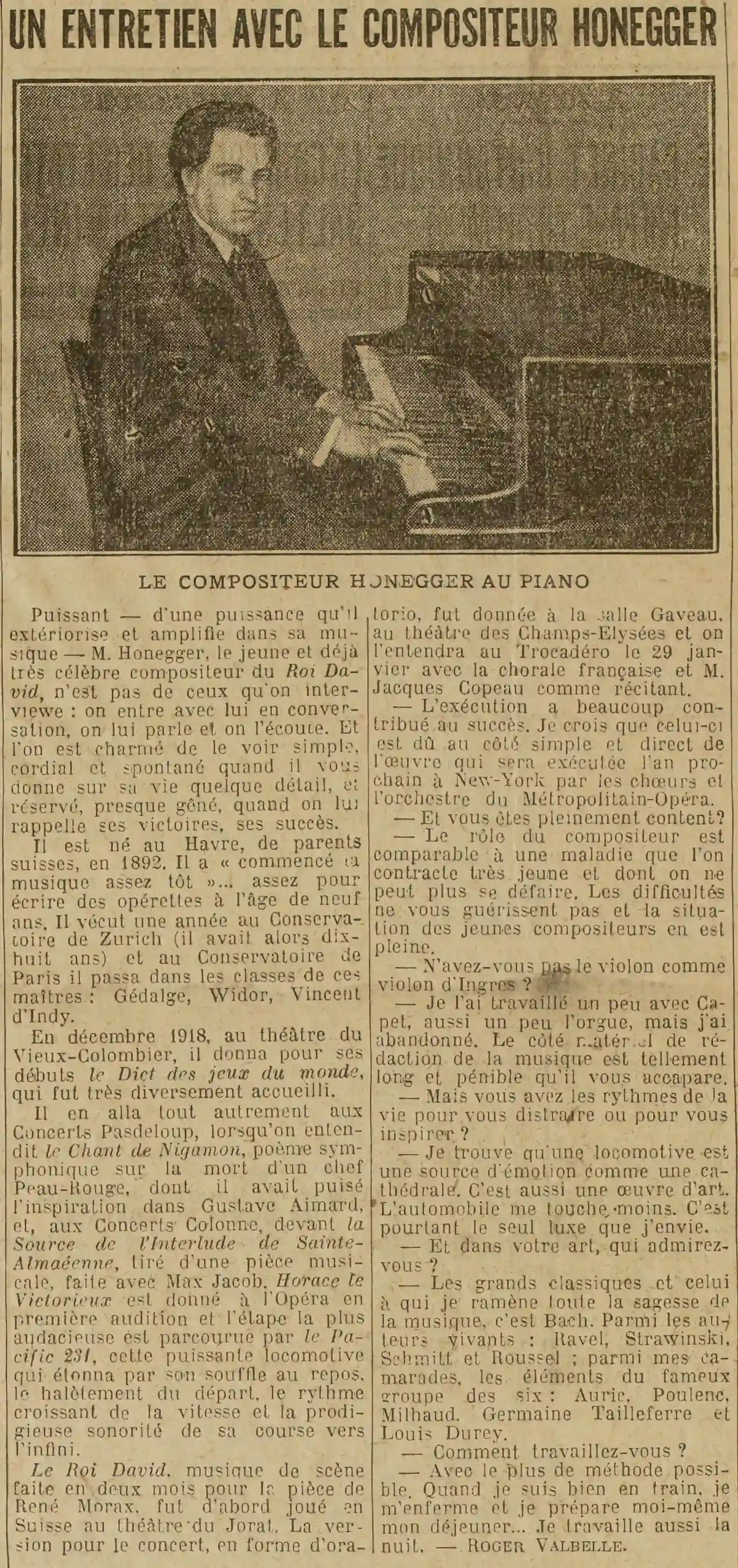   Entretien avec Arthur Honegger