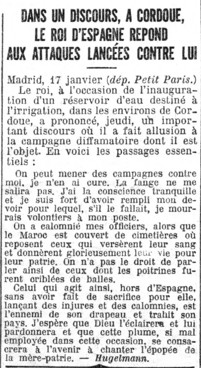 The King of Spain responds to the attacks launched against him. A response addressed to Vicente Blasco-Ibanez.