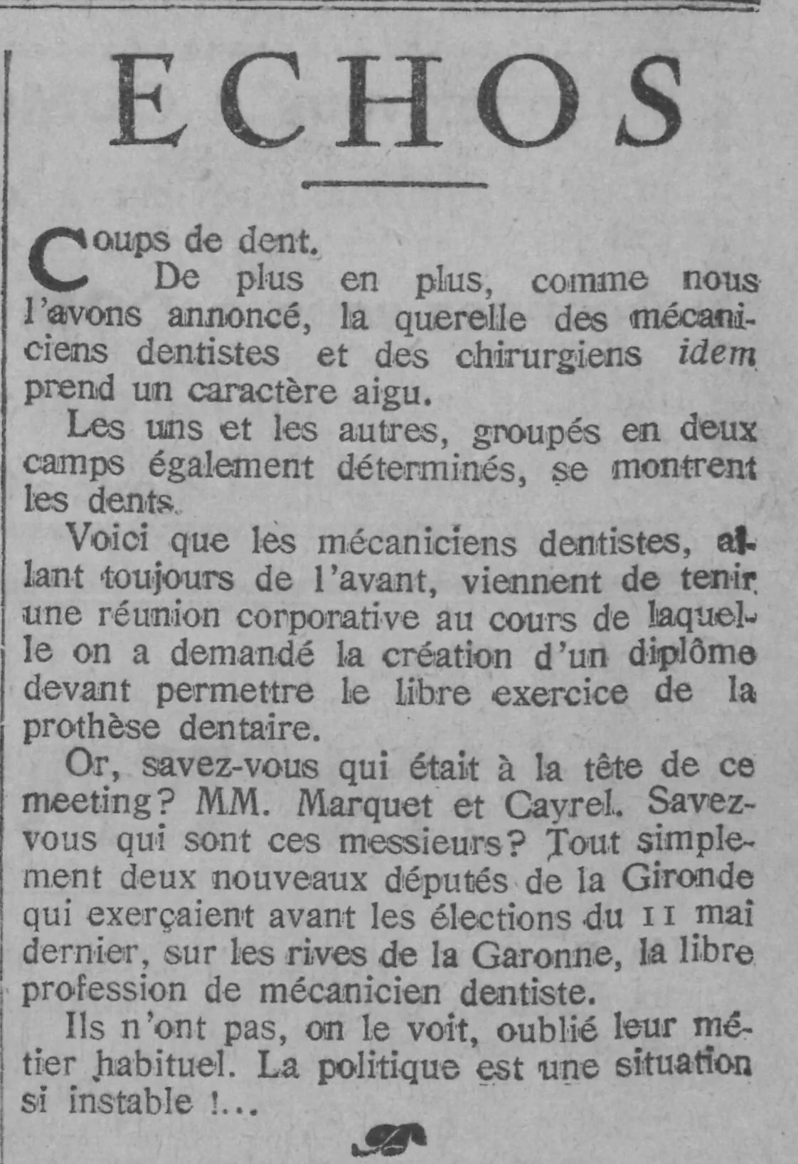   la querelle entre mécaniciens dentiste et chirurgiens dentiste 