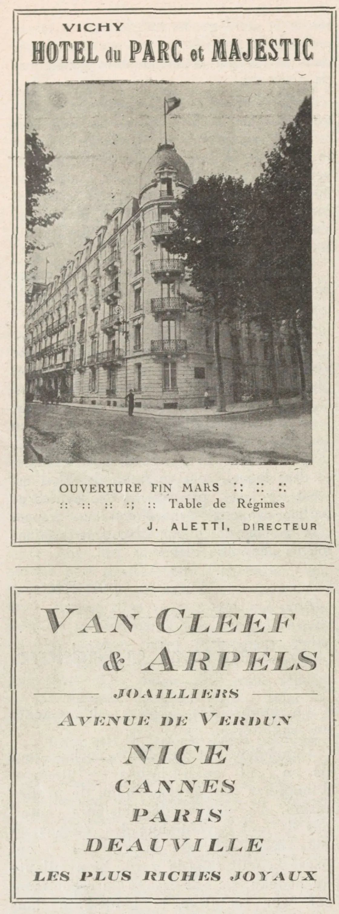 An advertisement for the Hôtel du Parc and Majestic in Vichy and  Van Cleef & Arpels with photo