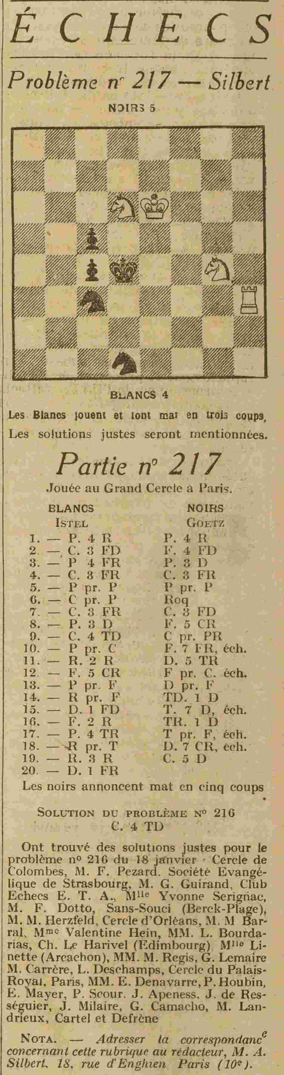  échecs partie et problème 217 