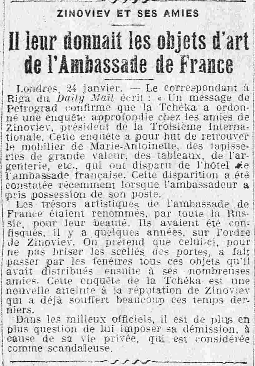 Zinoviev et les objets d'art de l'ambassade française 