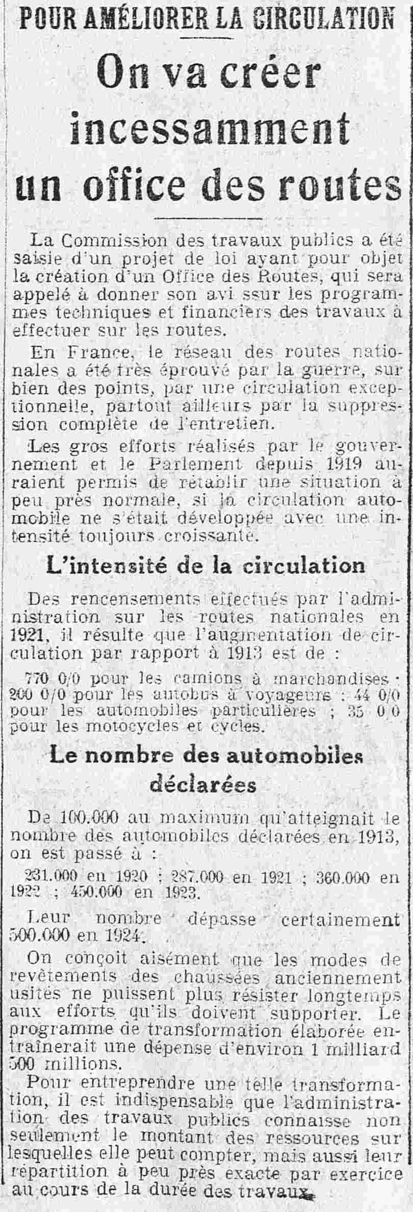 un office des routes pour améliorer la circulation