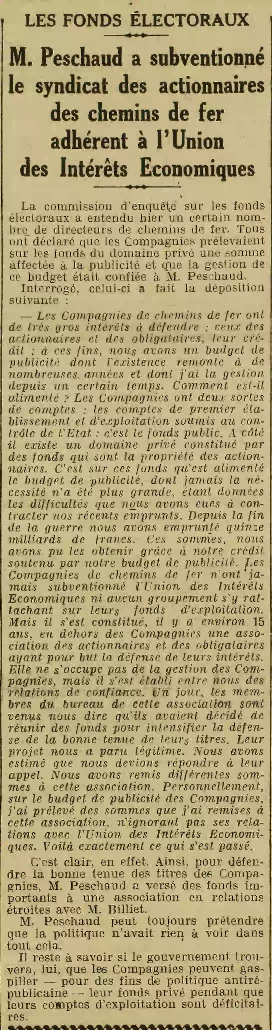 l'affaire des fonds électoraux sénateur Billiet