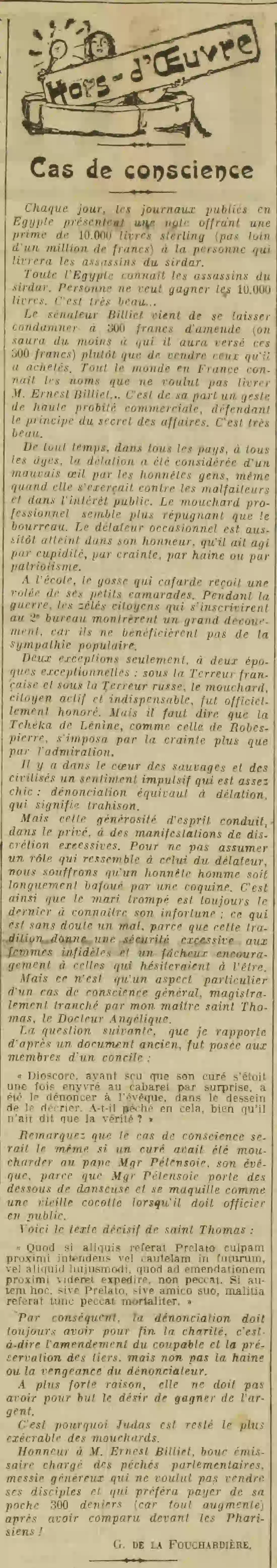 Cas de conscience autour de la délation sénateeur Ernest Billiet