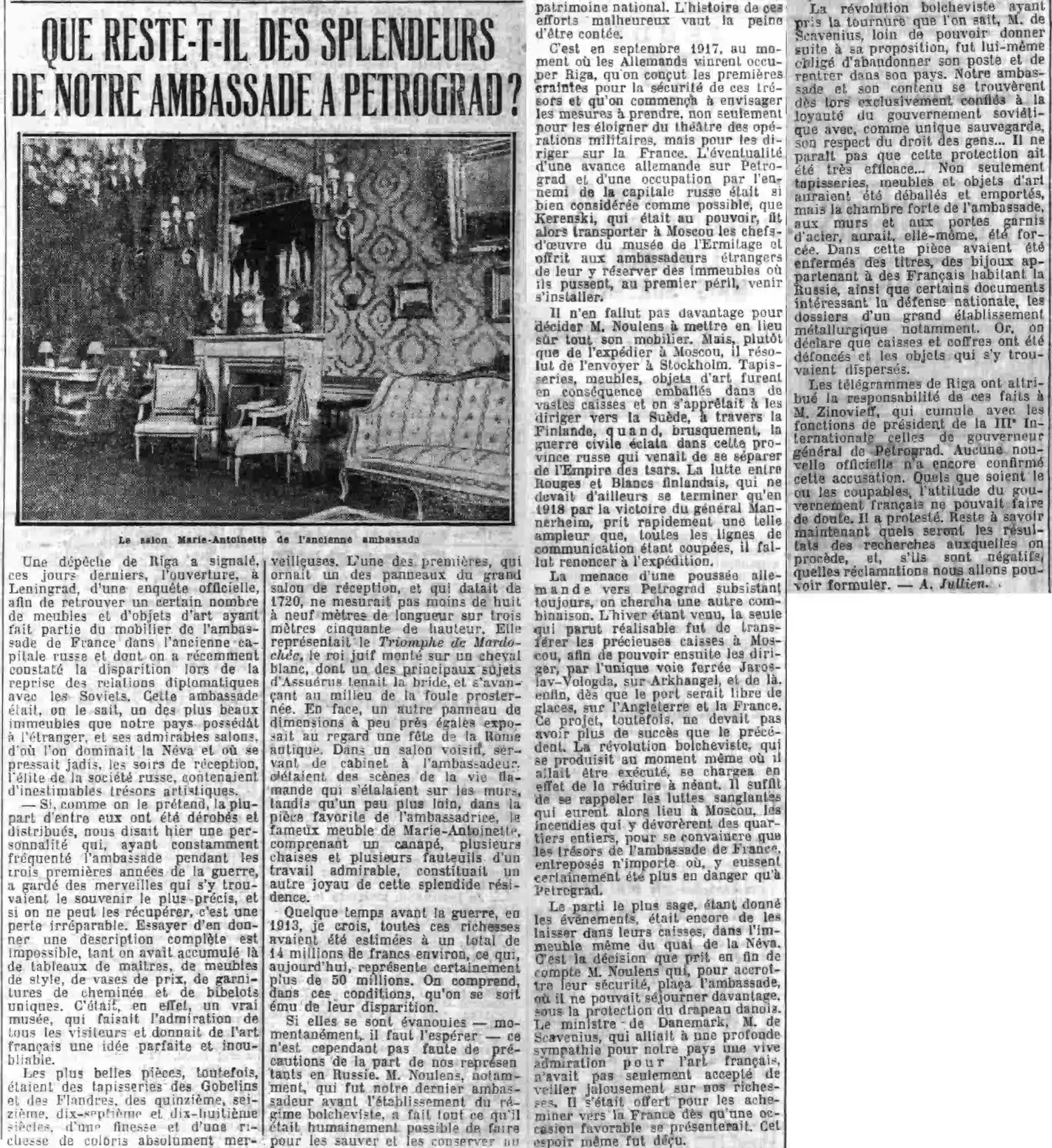 Le Petit Parisien 1925 01 29 art 01 objets dart ambassade France en Russie 