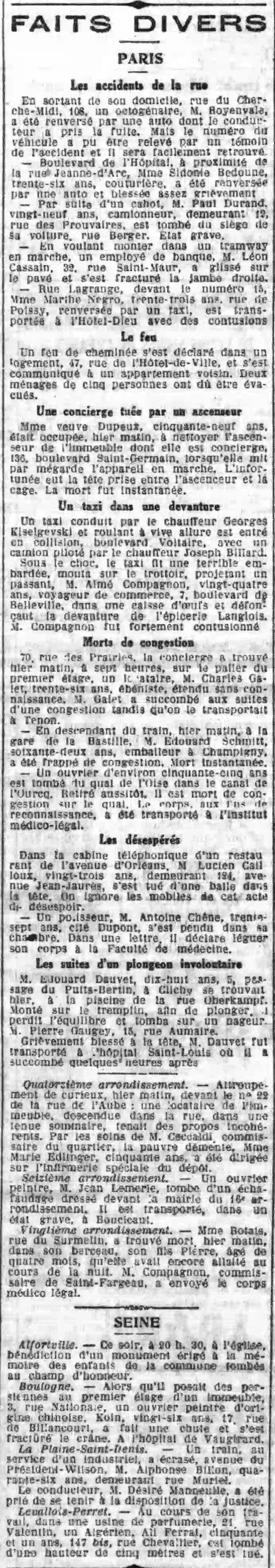 Le Petit Parisien faits divers -  Les accidents de la rue, le feu, les désespérés