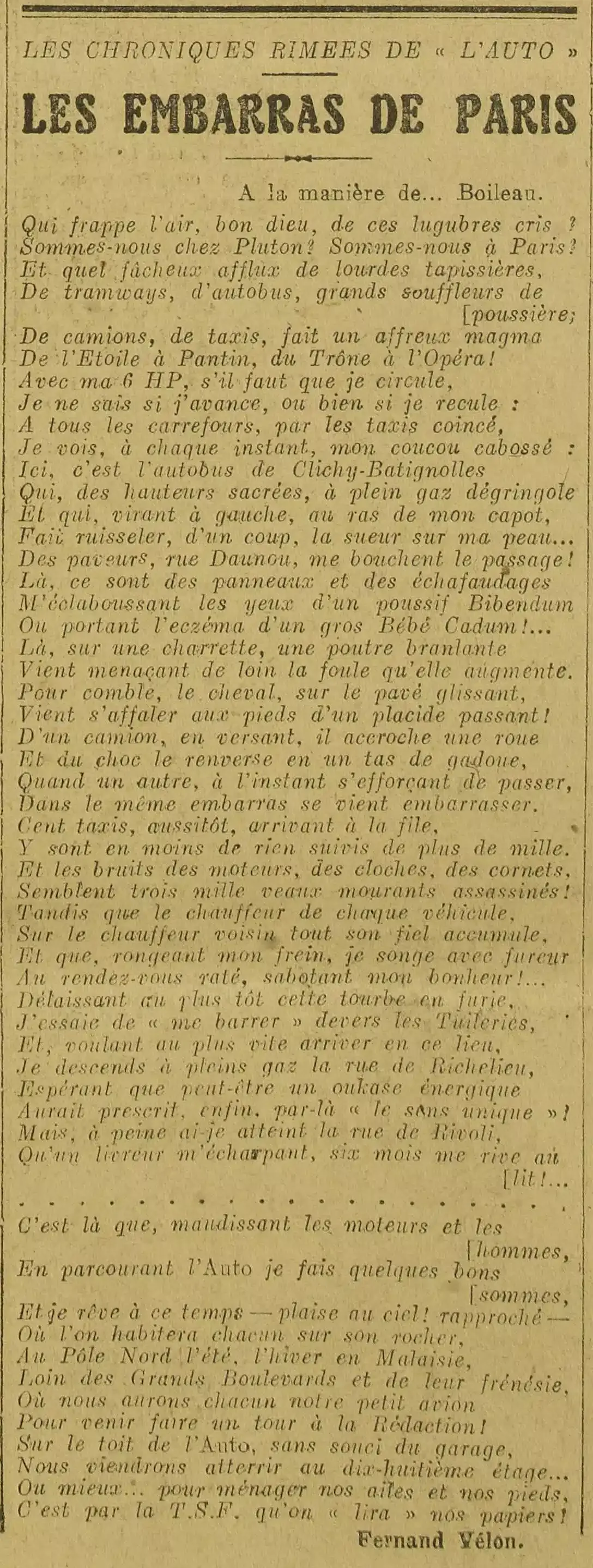   Les embarras de Paris, un poème de Fernand Vélon