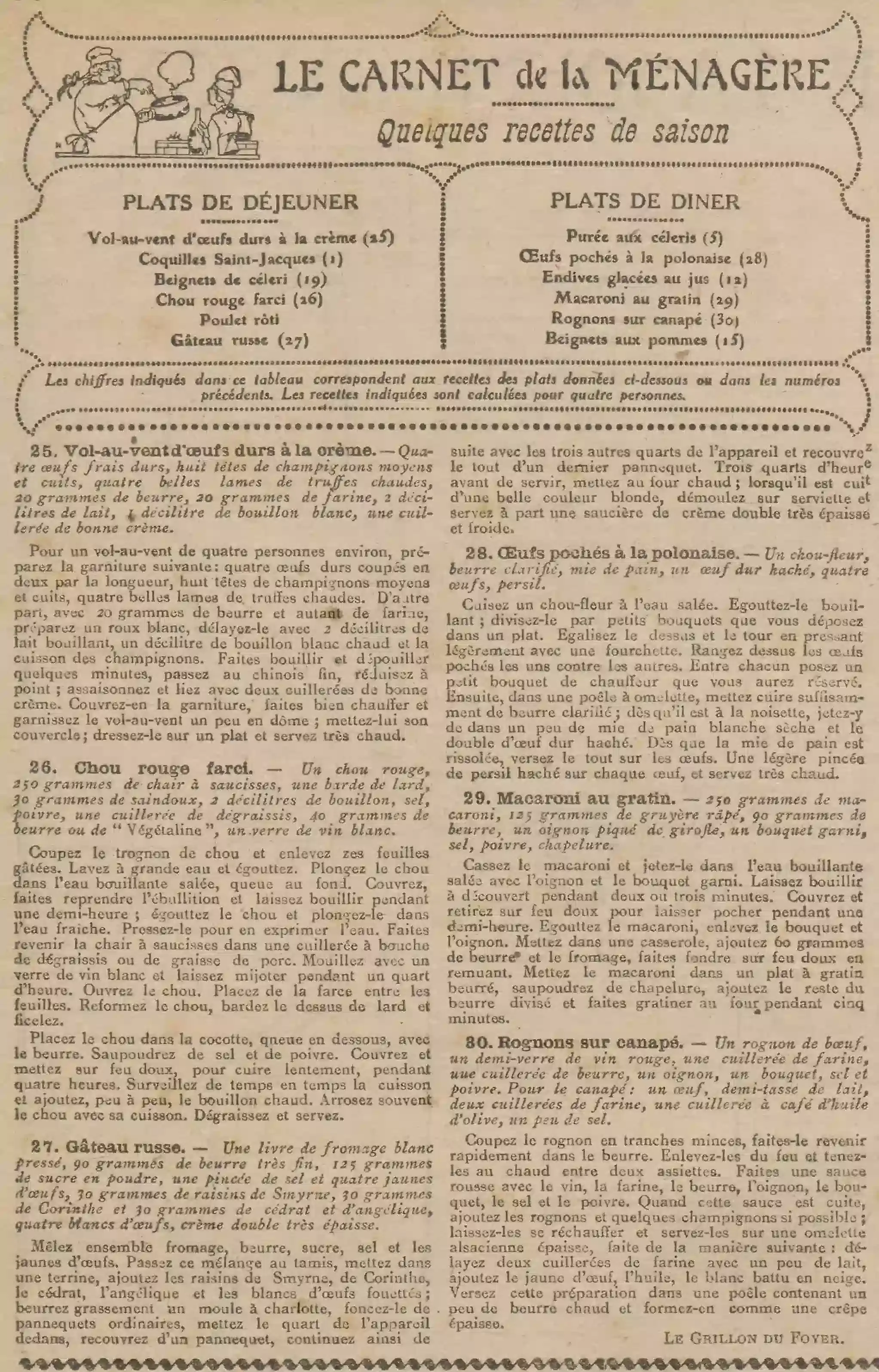  menus et recettes : - 25 vol-au-vent d'œufs durs à la crème - 26 choux rouge farci - 27 gâteau russe - 28 œufs pochés à la polonaise - 29 macaroni au grain - 30 rognons sur canapé.