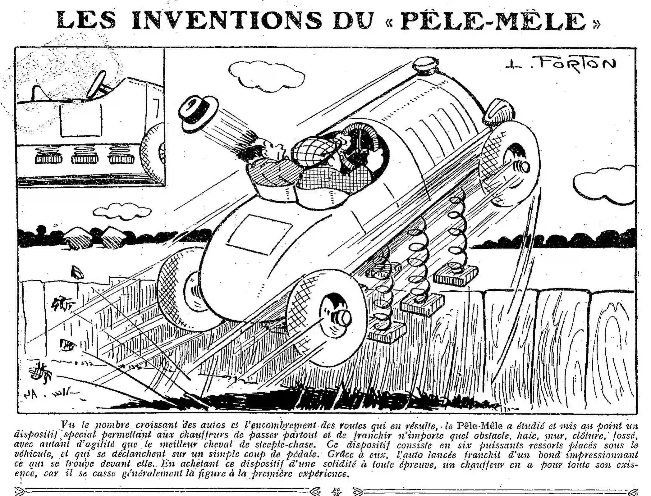 dessin d'humour les inventions du Pêle-Mêle", en image et signé "L. Forton"
