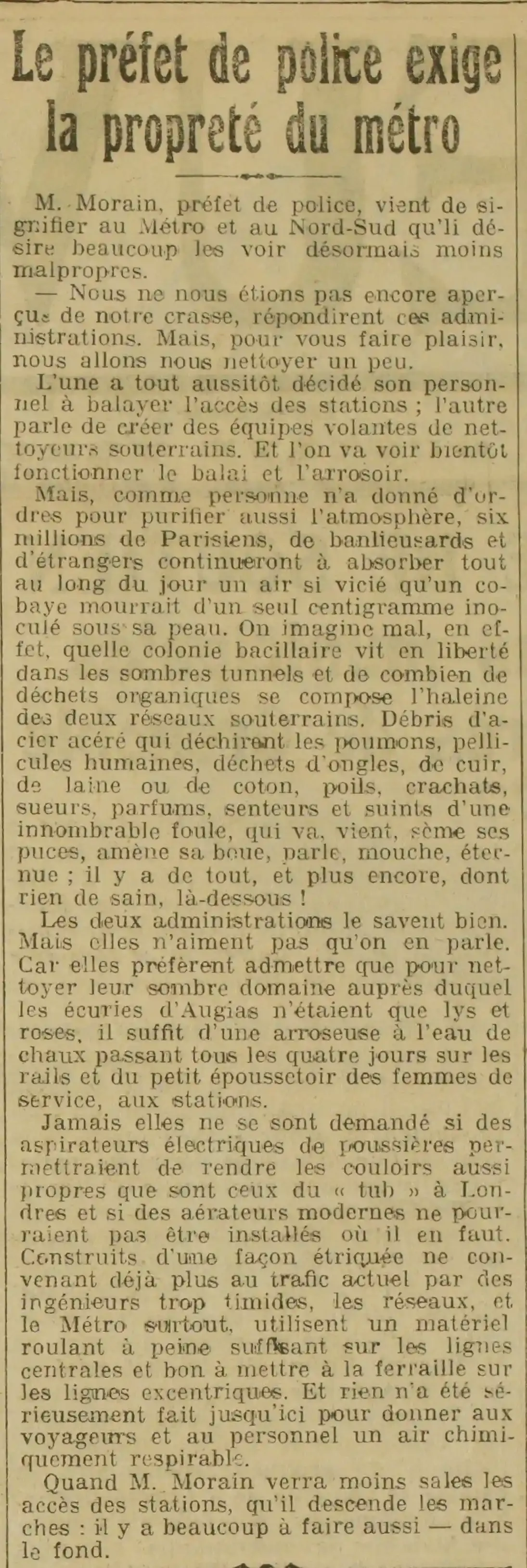 The police chief demands the cleanliness of the metro