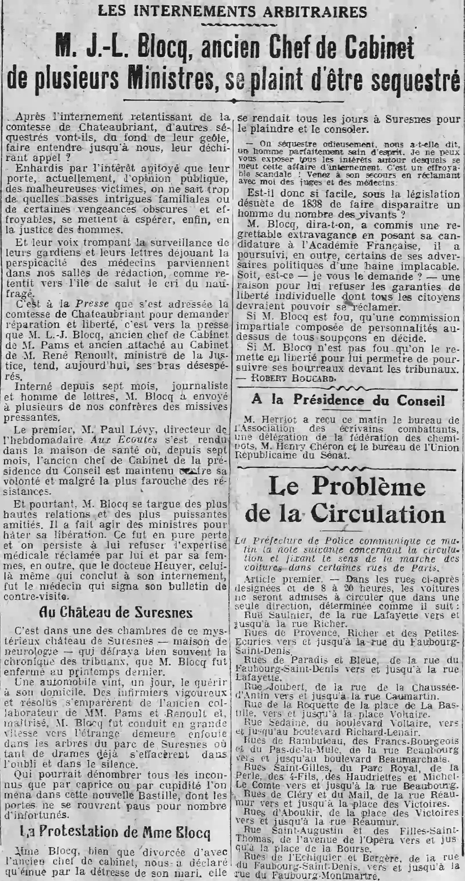 The internment of Mr. L.-J. Blocq, former Chief of Staff