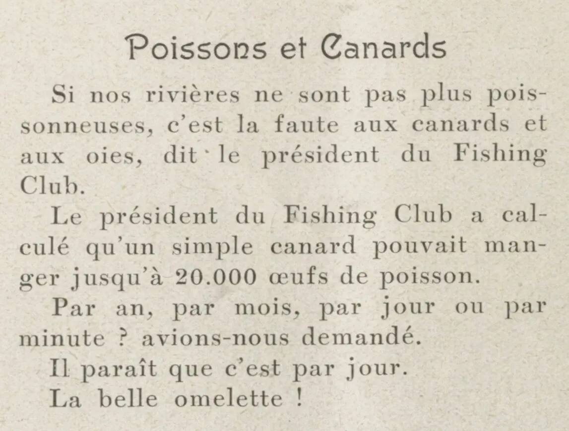 Le dépeuplement des rivières. poissons, canards, oies,