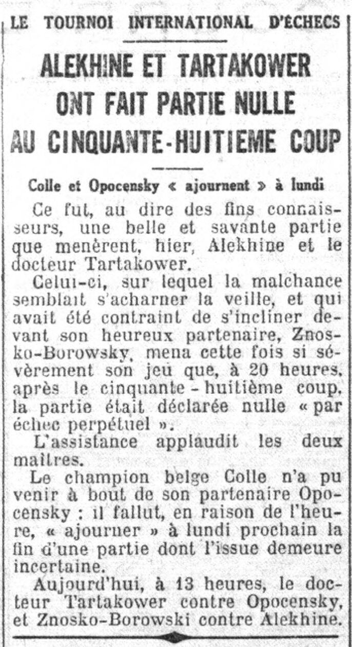 Alekhine et Tartakower ont fait partie nulle au tournoi international d'échecs.